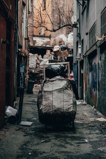 A collection of overflowing rubbish bins and numerous scattered waste items occupy the curbside of a paved street in front of a commercial building. The waste includes various cardboard boxes, plastic bags, paper, and other refuse, some of which pile up around the bins and spill onto the pavement. The central grey recycling bin, labeled for mixed paper and cardboard, is topped with loose rubbish, with additional black and red waste containers adjacent. Behind the trash, there is a parked silver car with a yellow license plate nearby, and a metal railing separates the waste area from the street. In the background, the building features a shopfront with a bright yellow sign and a blue scaffolding structure covering parts of the upper facade. The scene is illuminated by natural daylight, highlighting the disorderly state of the disposal area, which relates to private waste collection methods often used as alternatives to municipal rubbish services, aligning subtly with the theme of rubbish removal services provided by Waste Disposal Brompton.